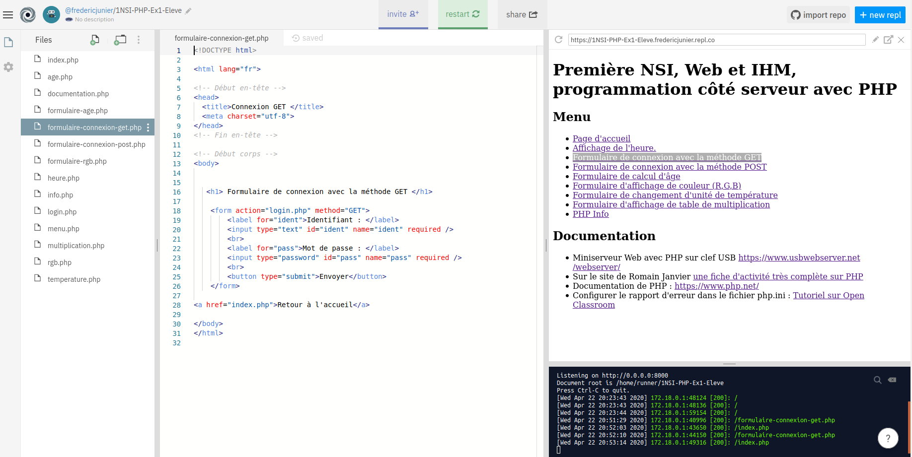 "Interface de repl.it"